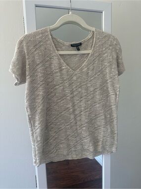 Eileen Fisher Petite Linen Blend Open Knit V-Neck Sweater Top PS